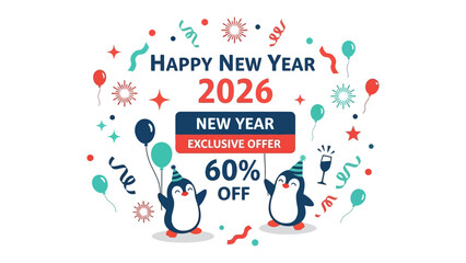 New Year Offer: Animated penguins hold up signs promoting an exclusive deal for the new year, surrounded by festive decorations, balloons, confetti and stars. 