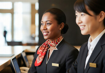 外国人労働者が、日本のホテル（フロント）で働くイメージ