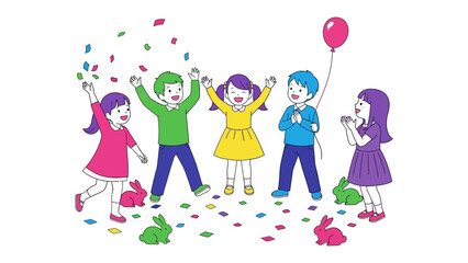 Joyful Childhood Celebration: A group of vibrant children joyfully celebrate with confetti and a balloon, creating a cheerful atmosphere of carefree innocence.
