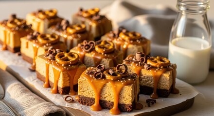 Peanut butter cheesecake Indulge in the decadent delight of caramel cheesecake squares, each adorned with a pretzel and chocolate curls, drizzled with caramel sauce.