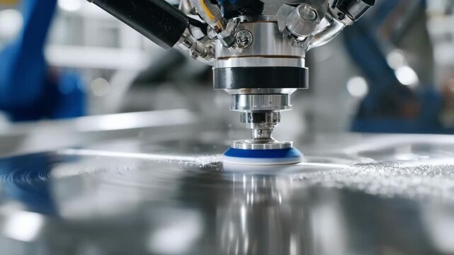 Medium shot of a robotic arm gently polishing a metal surface with a rotary buffer ensuring a consistent highgloss finish under precise machine control.