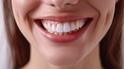 Fototapeta premium Close-up of a perfect female white smile - healthy teeth and beautiful lips. Dental care concept. Best stock image, new quality