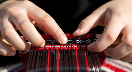 An Omani woman's skilled hands, adorned with intricate silver khanjar bracelets, weaving vibrant, multi-colored fabric on a traditional handloom. A display of heritage and artisanal craft.

