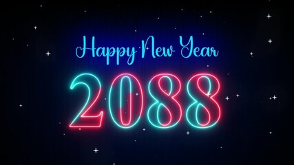 Futuristic Red Cyan Glowing Neon Light Happy New Year 2088 Text Reveal. The Falling Snow Star on Dark Background, 5-10 Seconds Seamless LoopIng 4k video