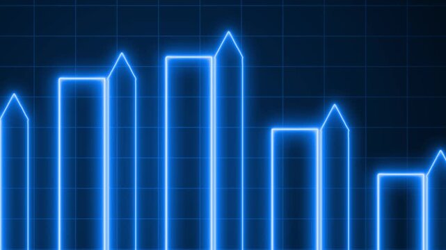 Glowing neon bar chart animation on a dark grid background