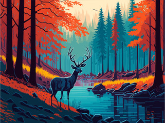 Stylized deer forest river vibrant colors autumn morning nature wilderness scene.Isolated transparent background ( include cut-out PNG file )
