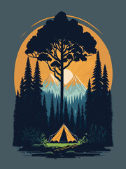 Flat design lone tent giant tree forest mountains orange sun graphic.Isolated transparent background ( include cut-out PNG file )