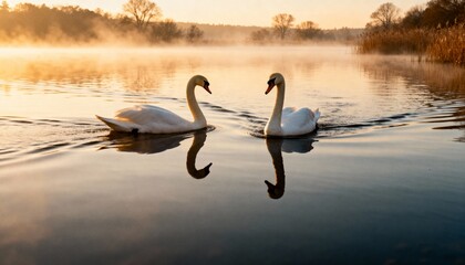 Fototapeta premium serene sunrise waterscape with two swans and soft golden reflections