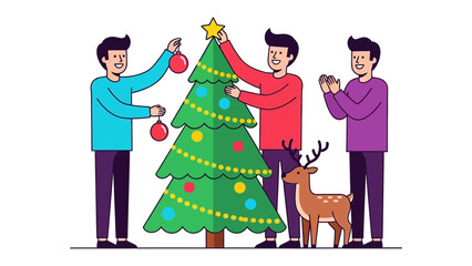 Christmas Tree Assembly: Friends work together to decorate a Christmas tree with ornaments, the scene depicting togetherness and festive preparation. 
