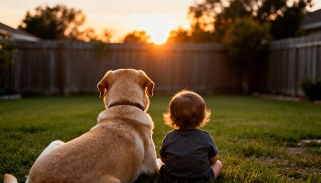 baby and dog watching sunset together in peaceful backyard