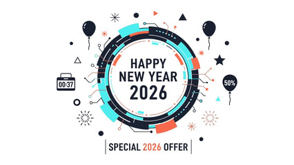 Happy New Year 2026 Celebration: An artistic design celebrates the dawn of 2026, filled with festive elements. This graphic is ideal for year-end promotions.