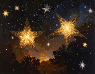 Starry nightscape with large glowing, decorative stars