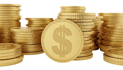 Stacks of Gold Coins with Dollar Symbol on Black Background money currency isolated on a transparent background