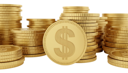 Stacks of Gold Coins with Dollar Symbol on Black Background money currency isolated on a transparent background