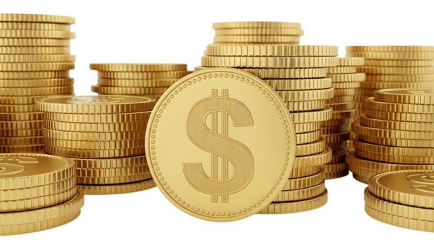 Stacks of Gold Coins with Dollar Symbol on Black Background money currency isolated on a transparent background - Powered by Adobe