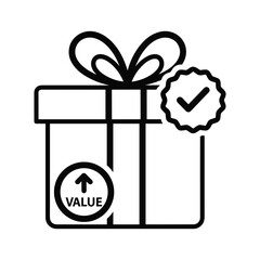 Black and white line icon of a gift box with a value up arrow badge and a verified checkmark badge, isolated on