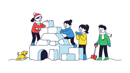 Building the Winter Fortress: A group of children collaboratively constructing a snow fort during winter, capturing the essence of childhood camaraderie. 