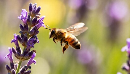 closeup of bee pollinating purple lavender blossom in nature
