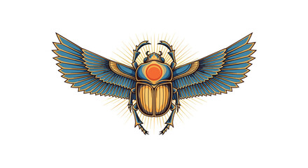 Fototapeta premium A detailed and ornate illustration of a sacred Egyptian scarab beetle with outstretched wings and a sun disk on its back.