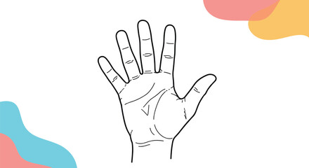 Obraz premium A simple black and white line drawing of an open human hand palm up with visible palm lines against abstract colorful shapes.