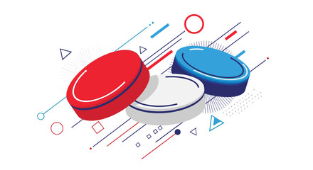 A dynamic and abstract composition of red white and blue ice hockey pucks with geometric shapes and lines on a white background.