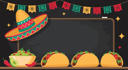 A festive Mexican food background with tacos guacamole a sombrero and party banners in front of a blank chalkboard for text.