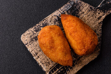 Chicken Kyiv cutlet with buttery filling, a lunch of chicken breast meat. Chicken Kyiv cutlet