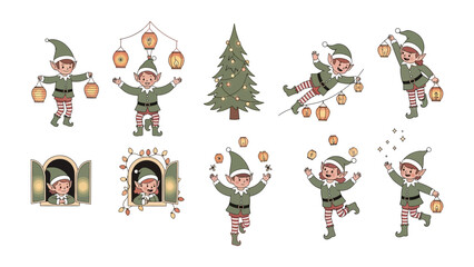 Christmas Elf Clipart Set: A festive collection of whimsical Christmas elves in various playful poses, each brimming with holiday spirit.