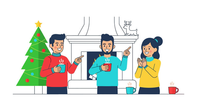 Festive Gathering: Friends enjoy a cozy holiday gathering, sharing warmth and cheer by a fireplace, the glow of the fire, the Christmas tree adding a touch of festive flair.