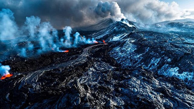 Volcano with flowing lava and smoke