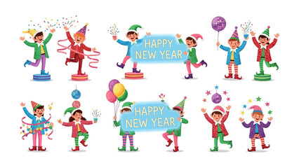 Festive Elves Celebrating New Year: A vibrant collection of whimsical elves joyfully celebrating the new year with confetti, balloons, and cheerful banners.