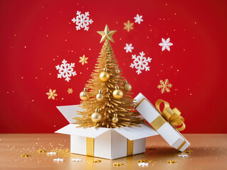 A golden, sparkling Christmas tree and snowflakes emerging from an open gift box on a bright red background.