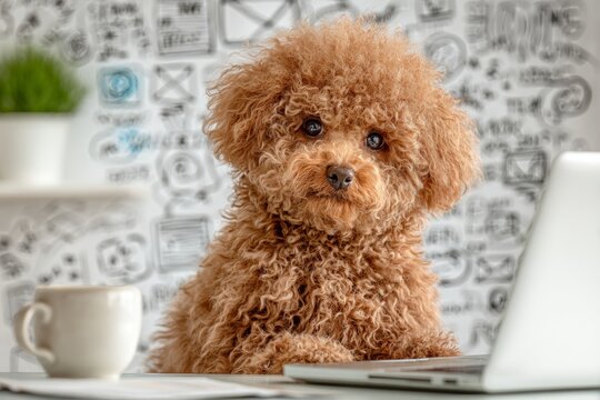 Dog's morning delight: sitting like a human at a laptop. Instant message burnout. Why digital noise from messengers is a modern-day mental trap. Alert fatigue management. Social media overload.