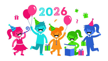 Cheerful 2026 Celebration: A jubilant group of children celebrate the arrival of the year 2026 with balloons, party hats, and gift boxes, set against a backdrop of festive confetti and excitement.