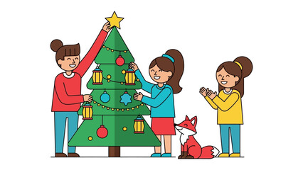 Festive Gathering: A joyful scene unfolds as a family decorates a Christmas tree, creating a cheerful atmosphere, embodying holiday spirit and togetherness.