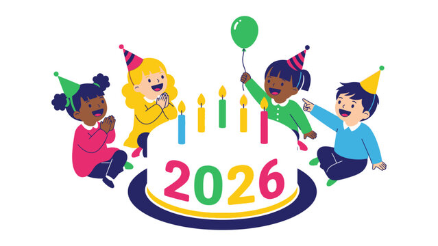 Child's Joyful Anniversary Celebration: A group of diverse children are joyfully celebrating an anniversary with cake and colorful balloons.