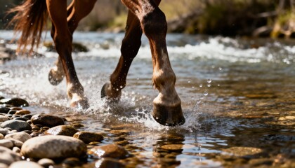 horse hooves splashing through shallow river in rural nature