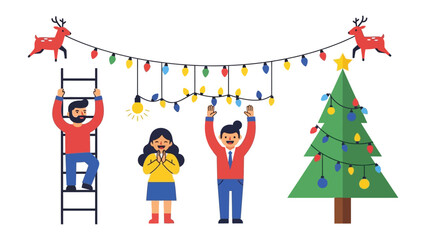 Festive Christmas Decorations: A group of individuals comes together, decorating their space with colorful lights and holiday cheer.