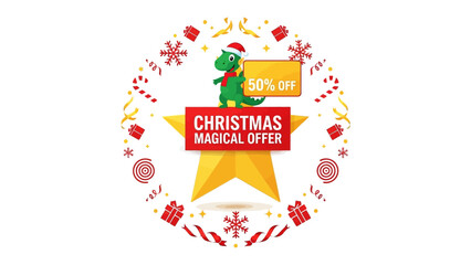 Christmas Magical Offer: A festive graphic design presents a special Christmas offer with a friendly cartoon dinosaur, inviting shoppers to enjoy holiday savings and magical deals.