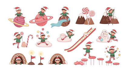 Elf Adventure in Wonderland: A delightful illustration showcases a group of charming elves reveling in a whimsical wonderland, surrounded by imaginative landscapes. 