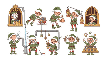 Christmas Elves at Work: Festive elves are meticulously preparing decorations for the holiday season in an enchanting workshop setting, filled with joy. 