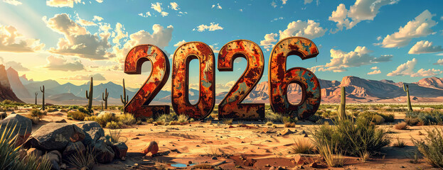 Large rusted &ldquo;2026&rdquo; numbers stand in a sunny desert landscape surrounded by cacti, rocks, and distant mountains under a bright sky.