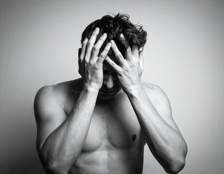 Solitude's Burden: A man shrouded in self-inflicted shadows, clutching his head in a silent struggle, revealing the raw essence of isolation and the weight of internal torment. 