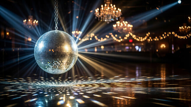 Disco, night party, event background. Large disco ball hanging with chain on dark festive background. Space for text.