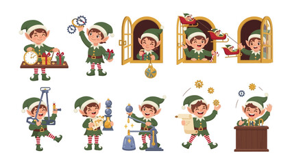 Whimsical Elf Delights: Festive elfs working in workshop set of joyful illustrations, capturing the enchanting charm of Christmas and holiday spirit. 