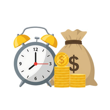 Alarm clock with money bag and stacks of gold coins on transparent background time finance isolated on a transparent background