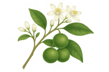 Lime tree branch bearing green citrus fruits, white blossoms, and lush leaves on transparent background, illustrating growth and natural beauty