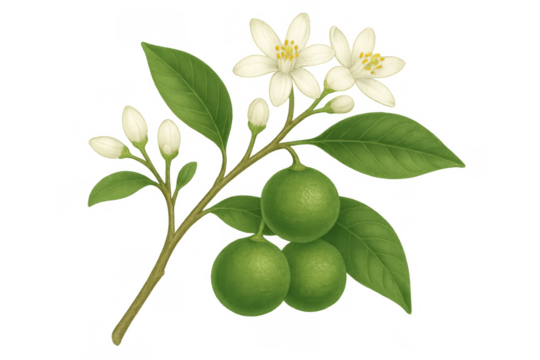 Lime tree branch bearing green citrus fruits, white blossoms, and lush leaves on transparent background, illustrating growth and natural beauty