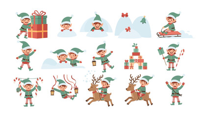 Whimsical Elf Delights: A collection of delightful elf illustrations, each portraying a unique festive activity. These charming creatures add a touch of playful joy to any holiday-themed project.