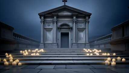 Ancient stone chapel at night with candlelit stairway and cross. Video. - Powered by Adobe